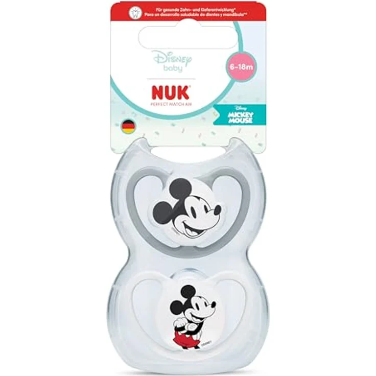 NUK Space Schnuller, 6-18 Monate, Schnuller mit extra Belüftung aus BPA-freiem Silikon, Disney Mickey Maus, grau und weiß, 2 Stück – Bild 1