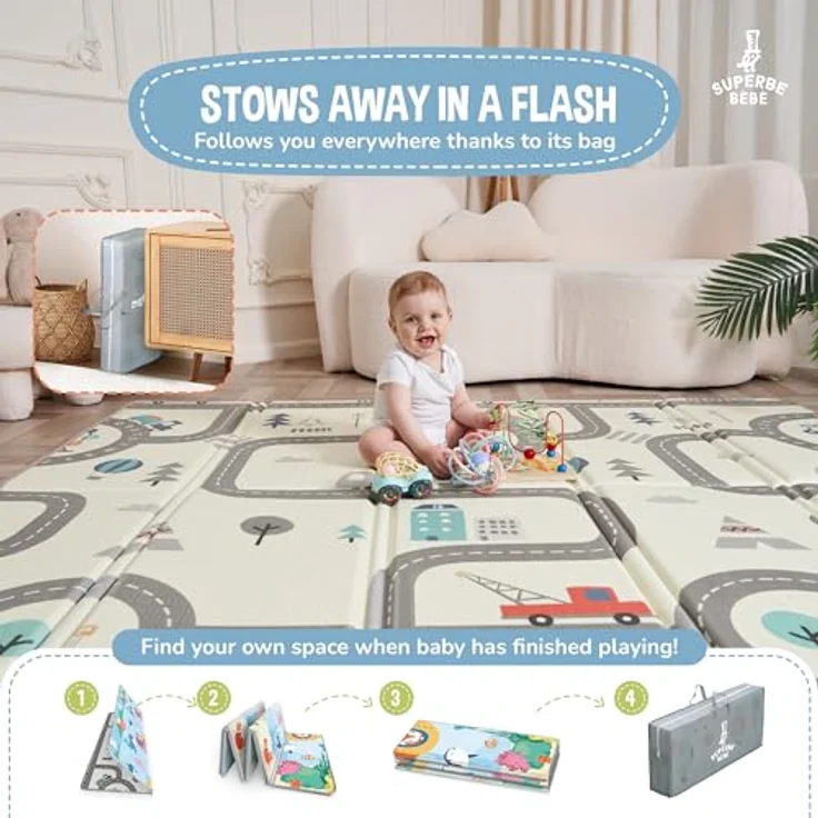 SUPERBE BEBE Krabbelmatte Faltbar 150x180x1cm, Ökologisch, Rutschfest, Umkehrbar mit Buchstaben und Zahlen, Wasserdicht – Spielmatte für Baby und Kleinkinder, ideal für drinnen und draußen – Bild 2