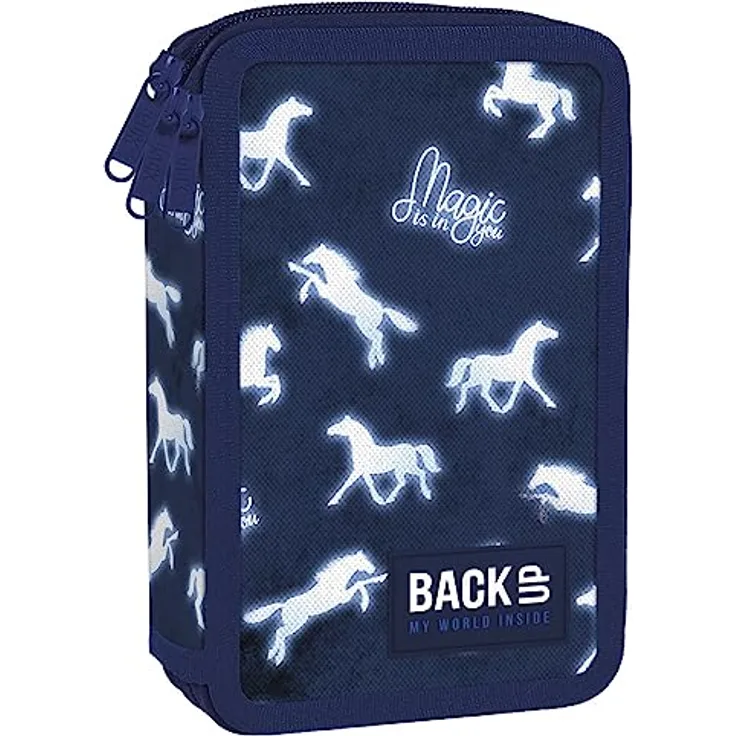 Derform Backup Dreifach-Federmäppchen mit Zubehör und Pferdemotiv Magic