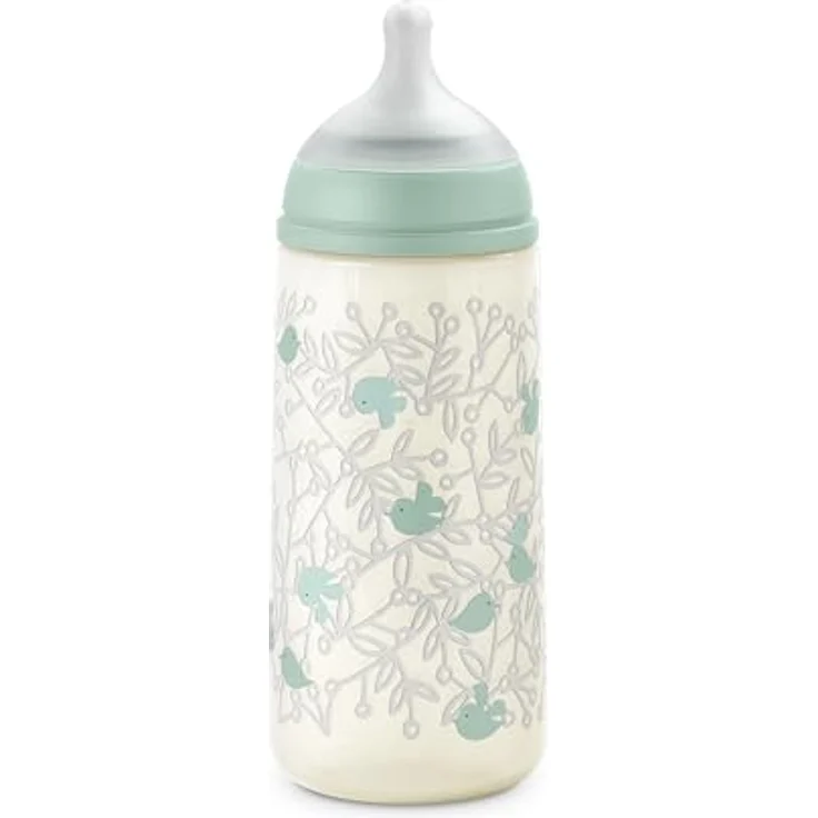 Suavinex Babyflasche 360 ml mit SX Pro Silikon-Sauger, Antikolik, dichter Trinkfluss (L), für Brei und dichte Flüssigkeiten, ab 6 Monaten, Birdies Grün – Bild 1