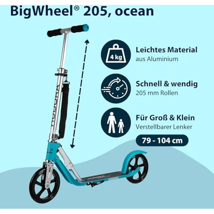 Hudora BigWheel® 205 Tretroller, höhenverstellbar & zusammenklappbar, für Kinder & Erwachsene bis 100kg, stabiler Aluminium-Roller mit Ständer und Sicherheitsfeatures – Bild 3