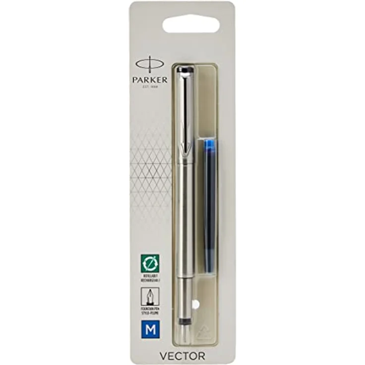 Parker Füllhalter Vector Edelstahl C.C. M, Patronenfüllsystem mit Edelstahl-Griffzone, blau – Bild 1