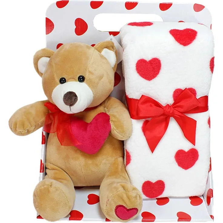 BEMIRO Valentinstag Geschenk Teddy mit Herz und Kuscheldecke im Set, braun mit roter Schleife