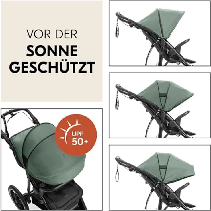 Hauck Kinderwagen Runner 3, Dreirad Buggy mit XL Lufträder, Federung, Handbremse, XL Sonnenverdeck (UPF 50+), Faltbar, Korb mit Deckel, Liegefunktion, Getränkehalter - Jungle Green – Bild 5