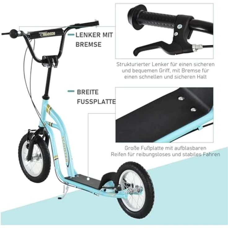 HOMCOM Kinderroller Tretroller höhenverstellbar, 12 Zoll Luftreifen, stabiler Cityroller für Jungen und Mädchen ab 5 Jahren, hellblau – Bild 4