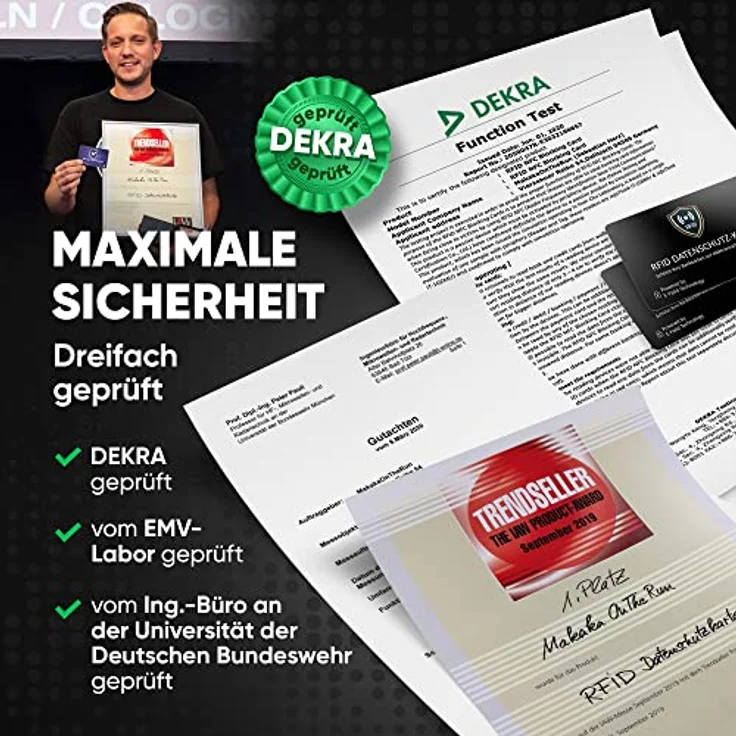 MakakaOnTheRun 2X RFID Blocker Karte (3fach geprüft: DEKRA + EMV + HF Labor) - 360° Schutzkarte für Geldbörse - NFC Blocker Karte - Schutzkarte gegen Datenklau - RFID Blocker Card – Bild 2