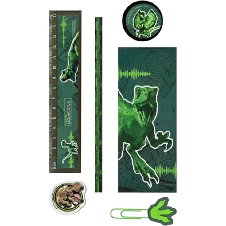 Jurassic World Gefüllter Stifthalter Set, 7-teilig mit Dinosaurier-Motiven, inklusive Stifte und Radiergummi – Bild 2