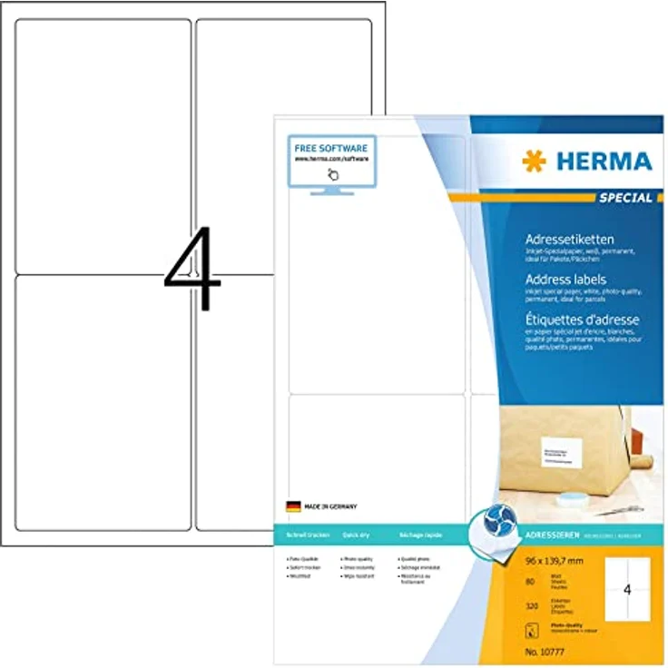 Herma 320 Adressetiketten, selbstklebend, weiß, 96,0 x 139,7 mm, 320 Stück – Bild 1