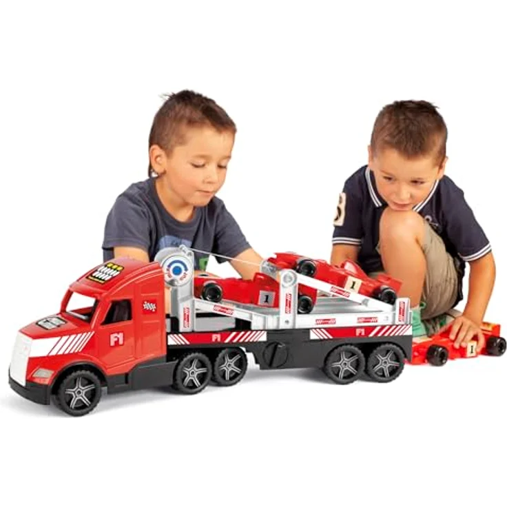 Wader 36241 Magic Truck Formel 1 Transporter mit Seilwinde, Größe ca. 79 cm, für Kinder ab 3 Jahren, schadstofffreies Spielzeug mit leuchtenden Scheinwerfern – Bild 3