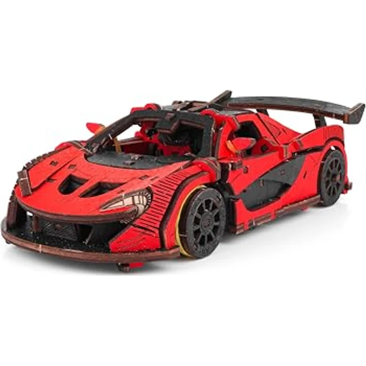 Eco Wood Art Modellbausatz Racing Car Rennauto, 237-teilig, Holzmodell in rot oder gelb mit Federmechanismus und öffnenden Türen – Bild 1