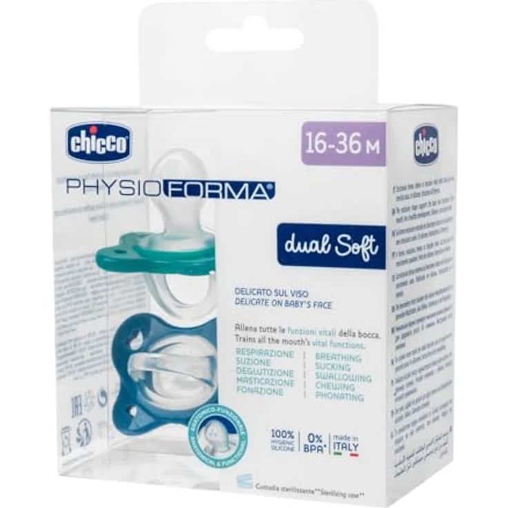 Chicco Dual Soft Silikonschnuller, 16-36 Monate, fördert korrekte Mundentwicklung, unterstützt physiologische Atmung, zweifarbig, Set mit 2 Stück für Jungen – Bild 4