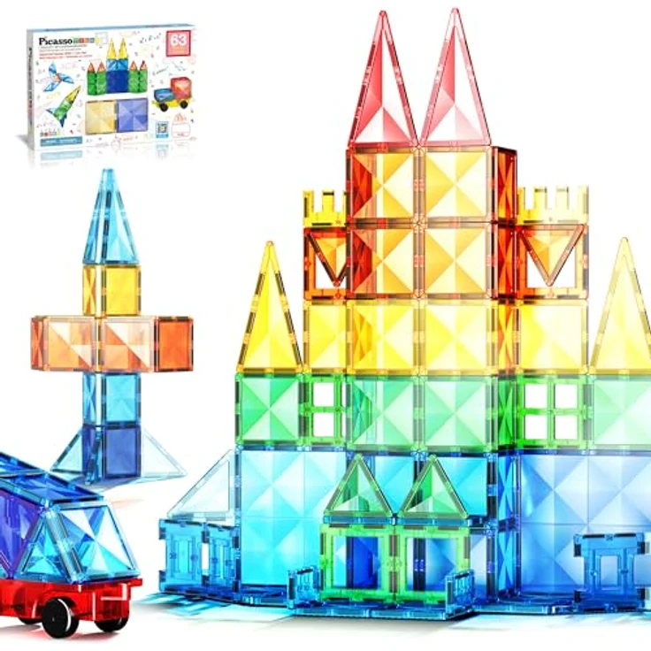 PicassoTiles Magnetische Bausteine in Diamantform, 63 Stück – Fliesenblöcke mit Auto und LKW – Set d – Bild 1