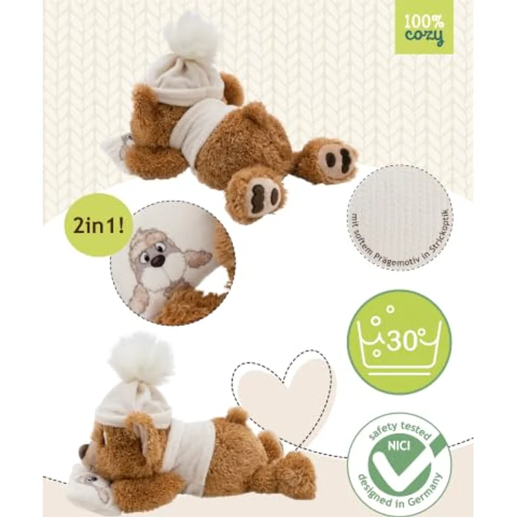 NICI 63238 Plüsch Bär Capiccino, 35cm liegend mit Kissen und Winterpulli in Strickoptik, braun – Bild 3