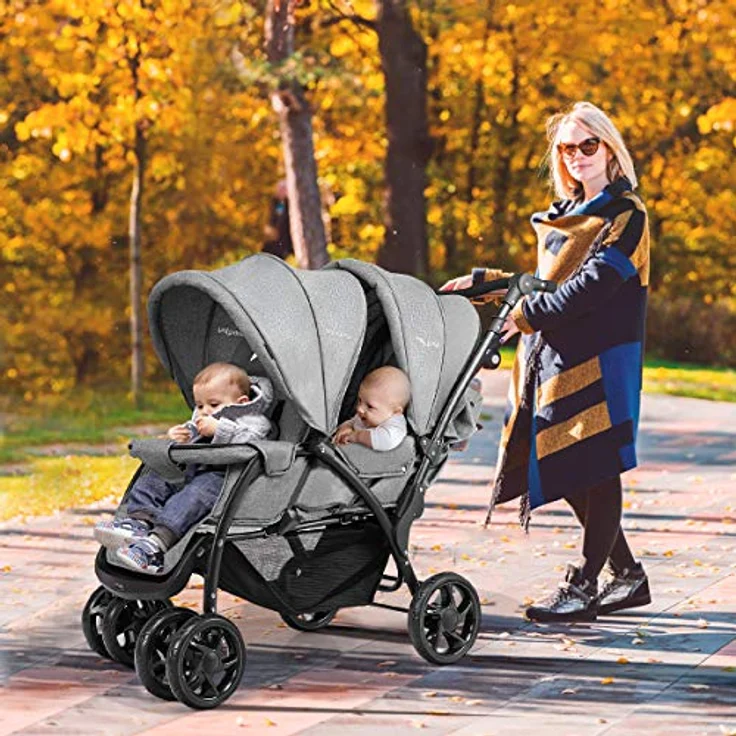 GOPLUS Geschwisterwagen Zwillingswagen, Kinderbuggy Klappbar, Buggy Zwilinge, Kinderwagen Babybuggy, Babywagen Grau, für Babys ab 6 Monate – Bild 5