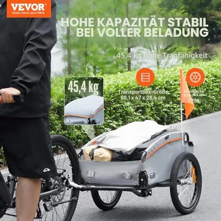 VEVOR Fahrradanhänger, faltbar mit 45kg Tragkraft, Universalkupplung, wasserdichte Abdeckung, 40cm Räder, Reflektoren für 558,8-711,2mm Fahrradräder – Bild 2