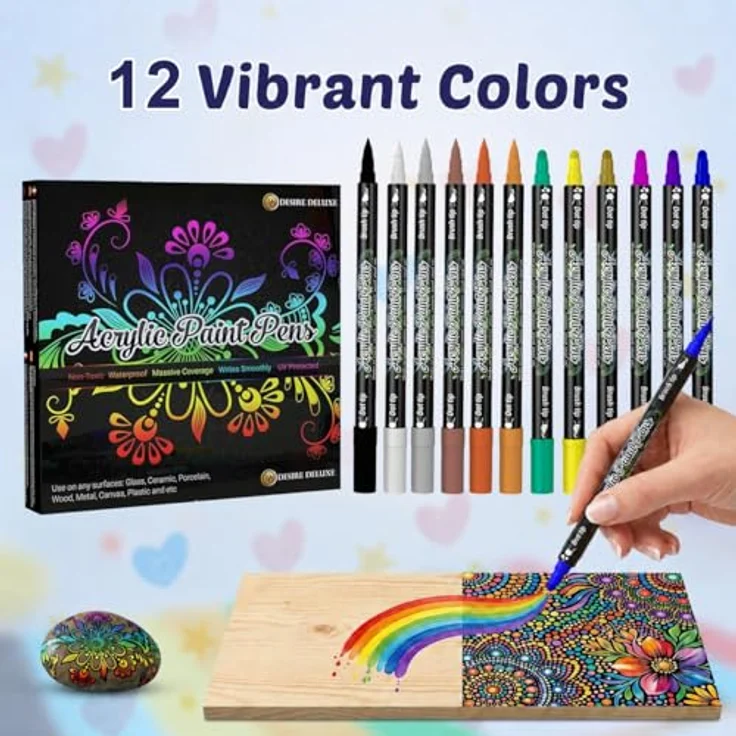 Desire Deluxe Acrylfarbenstifte, ungiftig auf Wasserbasis, wasserfest, 12 leuchtende Farben für Stein, Keramik, Glas, Holz, Porzellan, mit umkehrbarer runder Stiftspitze – Bild 2