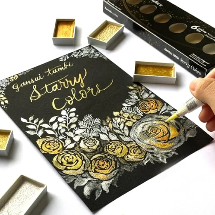 Kuretake Gansai Tambi Starry Colors Set, 6 Farben in Goldperle für Kalligraphie und Illustration – Bild 5