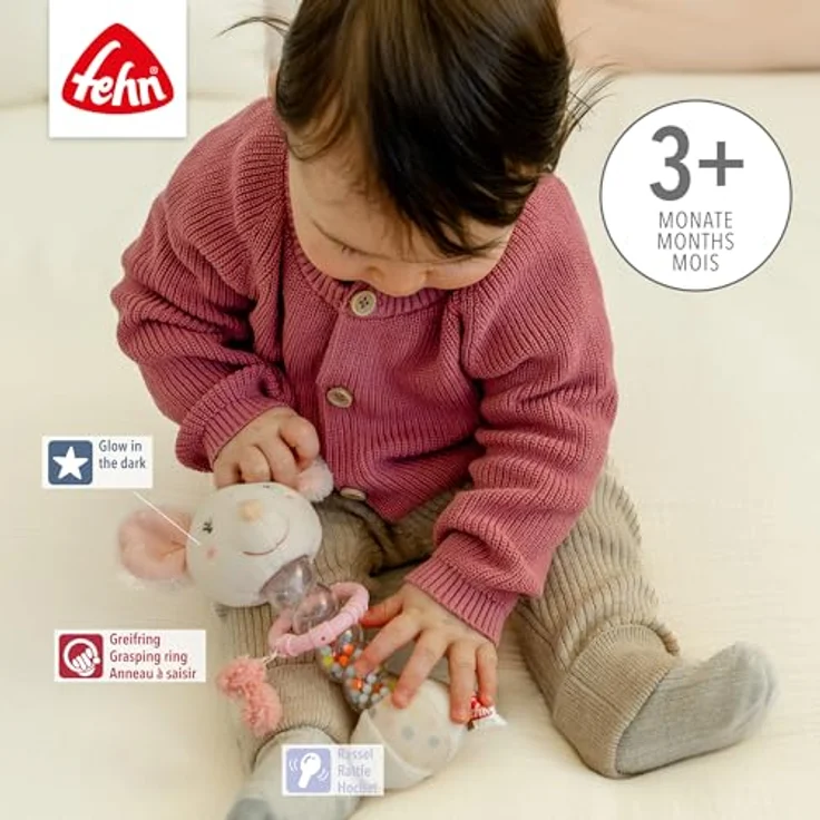 Fehn feehnLAND Regenmacher Maus, Greifspielzeug mit Rasselstab und „Glow-in-the-dark“ Bestickung, rosa – Bild 3