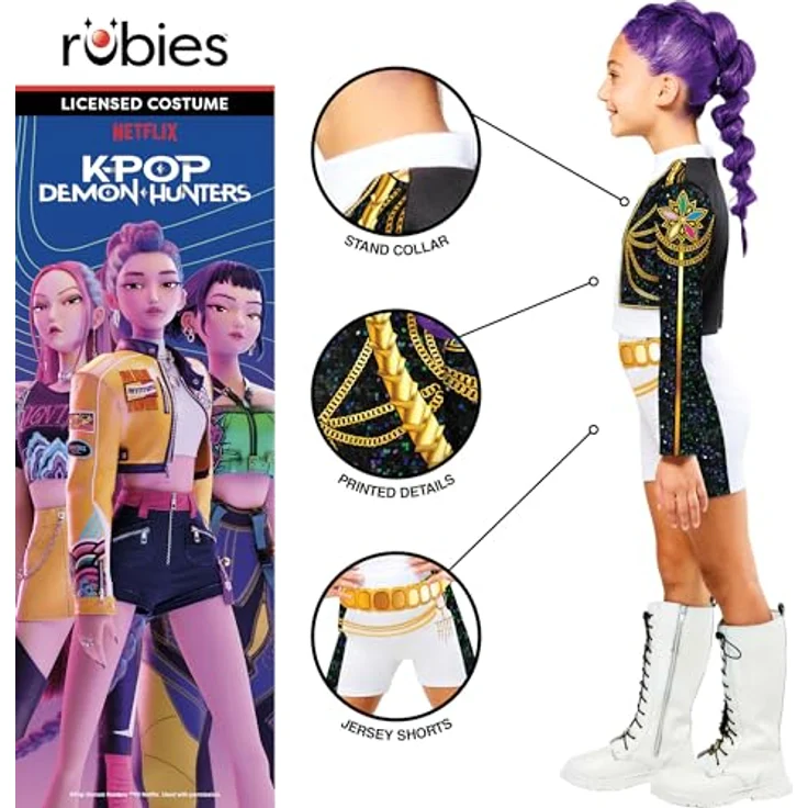 Rubies K-Pop Classic Rumi Golden Costume, Kostüm für Kinder (110-116 cm), digital bedrucktes Oberteil und kurze Hose mit goldenen Details – Bild 4