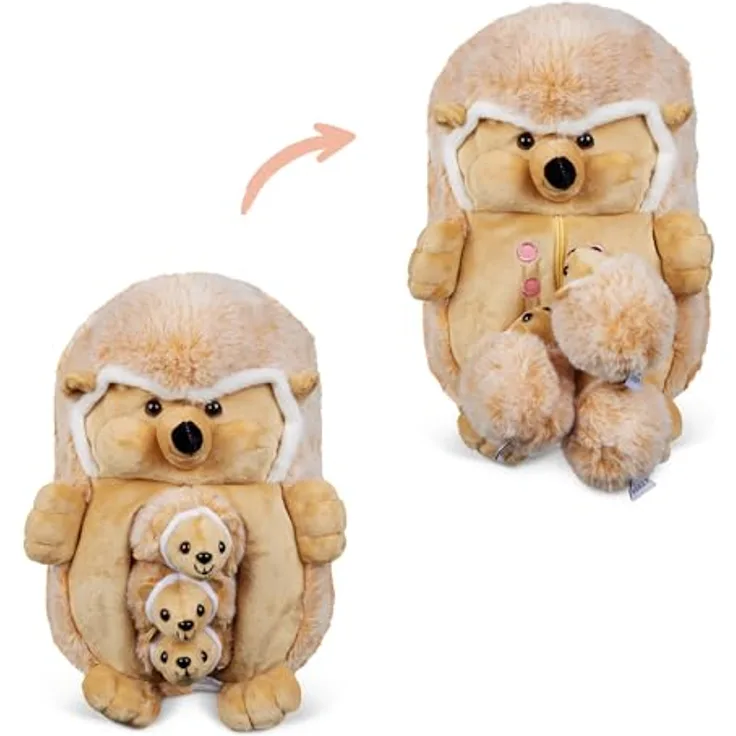 Mamanimals Igel Kuscheltier mit 3 Baby Igeln, Plüschset mit Reißverschluss und magnetischen Zitzen zum Säugen, CE-zertifiziert für Kinder ab 0+ Jahren