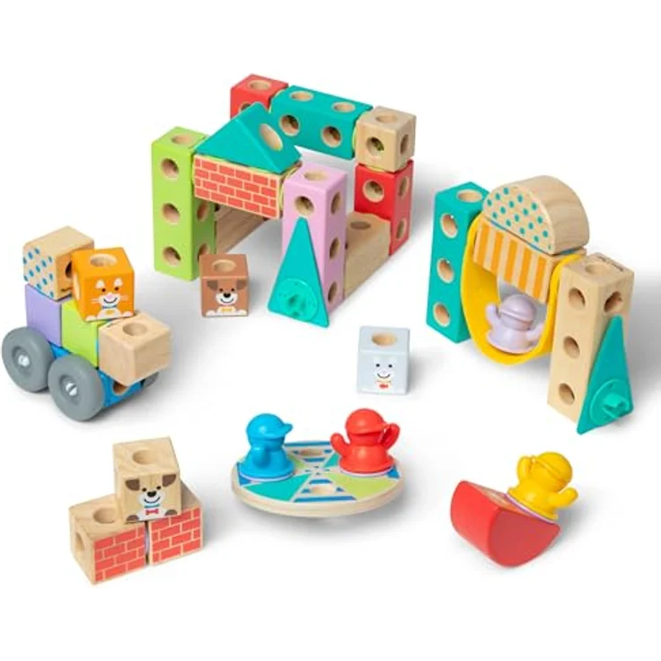 Melissa & Doug Blockables Playset Town, 73-teiliges Set mit stapelbaren Holzbausteinen und Zubehör – Bild 9