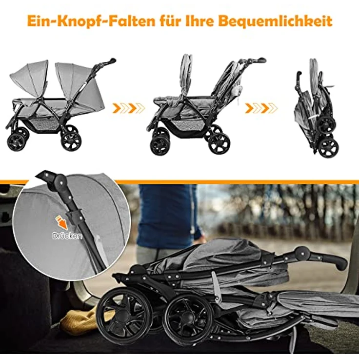 DREAMADE Geschwisterwagen 2 in 1, Doppelkinderwagen baby und kleinkind, Zwillingswagen Faltbar, Babywagen mit Doppelsitz, kinderwagen für 2 kinder, Grau – Bild 8