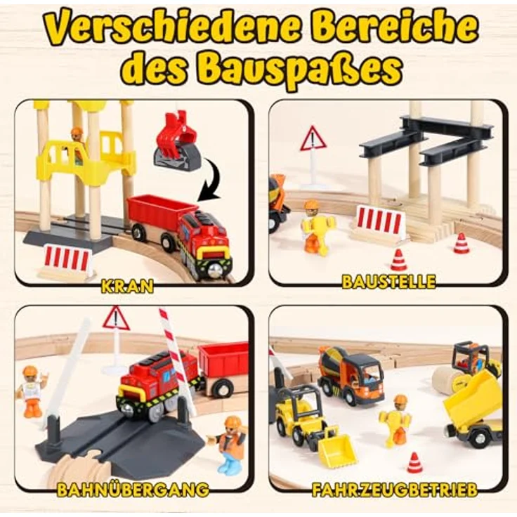 Lehoo Castle Holzeisenbahn Set, 68-teilig mit elektrischer Lokomotive und multifunktionalem Magnetkran, kompatibel mit gängigen Holzeisenbahnen, Holz Spielzeug für Jungen ab 3 Jahren – Bild 5