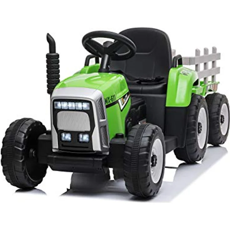 FINOOS Kinder Elektro Traktor 12V mit Schaufel & abnehmbarem Anhänger Kinder-Elektrofahrzeug, Kinder Aufsitztraktor mit LED-Licht & Musik & Hupe, 2,4G Fernbedienung, 2-5km/h (Grün) – Bild 3