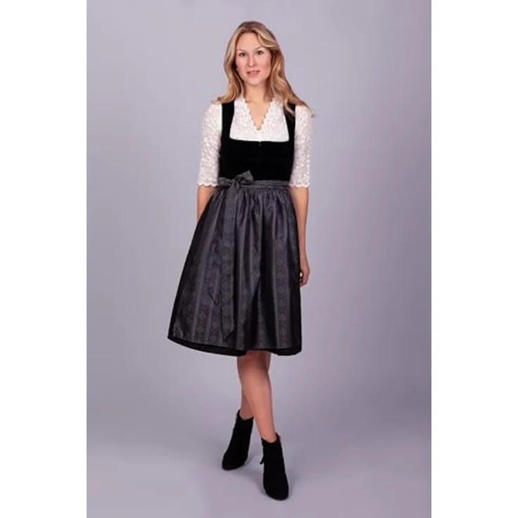 Edelnice Dirndl Midi Evi Samt Schwarz, exquisites Trachtenkleid mit edlem Samtmieder, dunklem Jacquardstoff und schimmernder Schürze – Bild 4