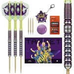 Target Darts Luke Littler World Champion Steeldarts, 90% Tungsten Dart-Set, 23G | The Nuke 2025 K-Flex, Gelb mit lila Grafik, inklusive Schlüsselring und Swiss Tool