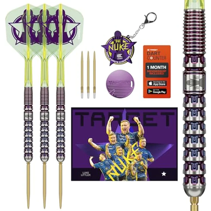 Target Darts Luke Littler World Champion Steeldarts, 90% Tungsten Dart-Set, 23G | The Nuke 2025 K-Flex, Gelb mit lila Grafik, inklusive Schlüsselring und Swiss Tool – Bild 1