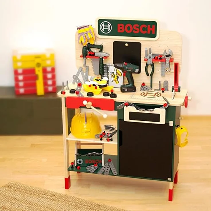 Klein Spielwerkbank BOSCH, Holzwerkbank mit Sound und Lernfunktion, höhenverstellbar, inkl. Bosch Akkuschrauber und Zubehör – Bild 7