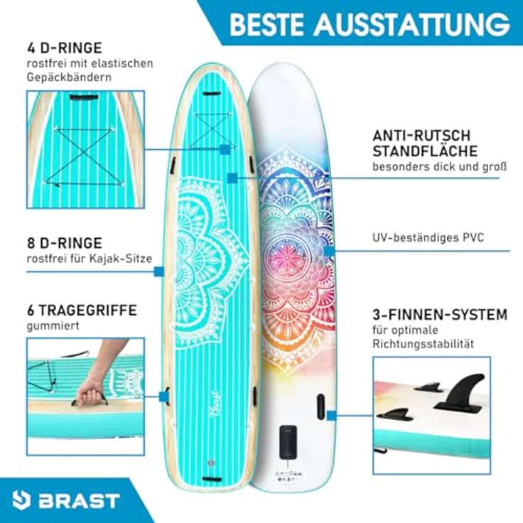 BRAST® SUP Board Family, aufblasbares Stand up Paddle Set XXL, 370x87x15cm bis 210kg, inkl. 2x Kajak-Sitz, 2x Fußschlaufe, 2x Paddel, Pumpe, Rucksack, Mandala Design – Bild 4