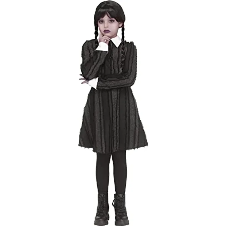 Fun World Division Düsteres Schulmädchen Kostüm für Kinder, schwarzes Kleid mit Bubikragen, Größen 146-152