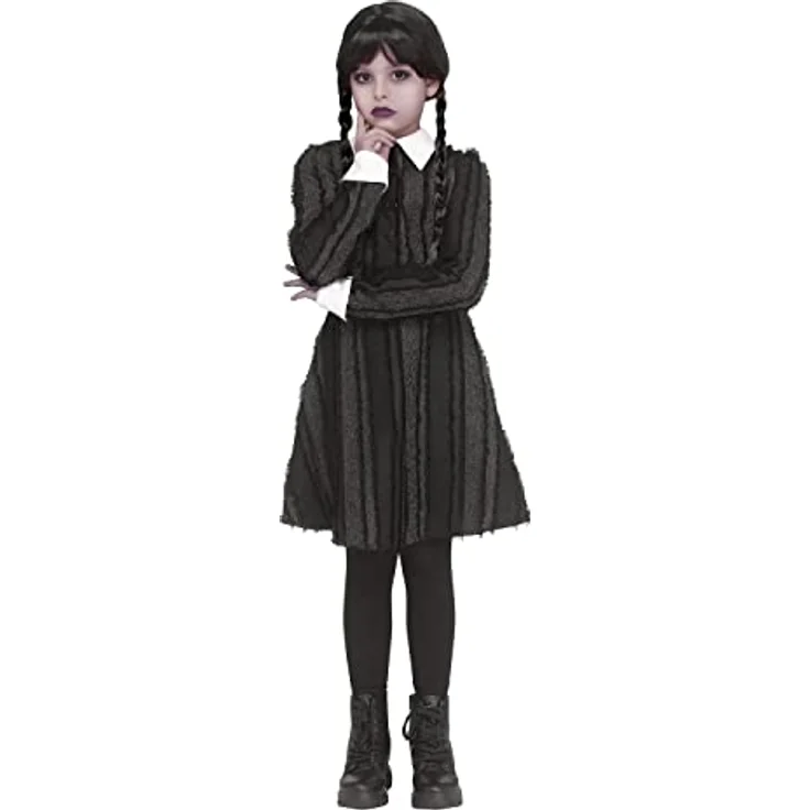 Fun World Division Düsteres Schulmädchen Kostüm für Kinder, schwarzes Kleid mit Bubikragen, Größen 146-152 – Bild 1