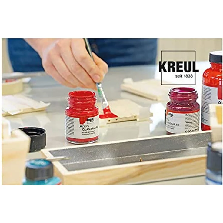 KREUL 79600 Acryl Glanzfarben Set, 6 x 20 ml glänzend-glatte Farben in Gelb, Rot, Himmelblau, Grün, Hellbraun und Schwarz, schnelltrocknend, deckend, auf Wasserbasis – Bild 2