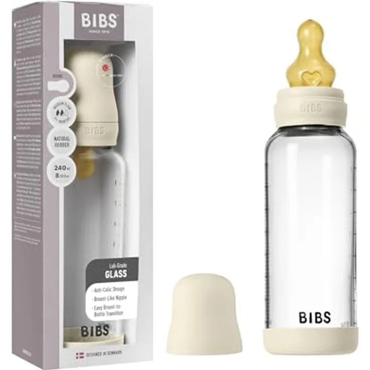 BIBS Baby Glasflasche 240ml, runder Sauger aus Naturkautschuklatex, kolikmindernd, unterstützt das Stillen, hergestellt in Dänemark, Ivory