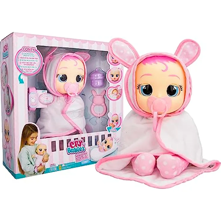 CRY BABIES Newborn Coney - Deluxe interaktive Puppe Neugeborenen Puppe mit einem magischen Armband, die echte Tränen weint und Babyzubehör enthält. -Geschenk Spielzeug für Kinder ab 18 Monaten