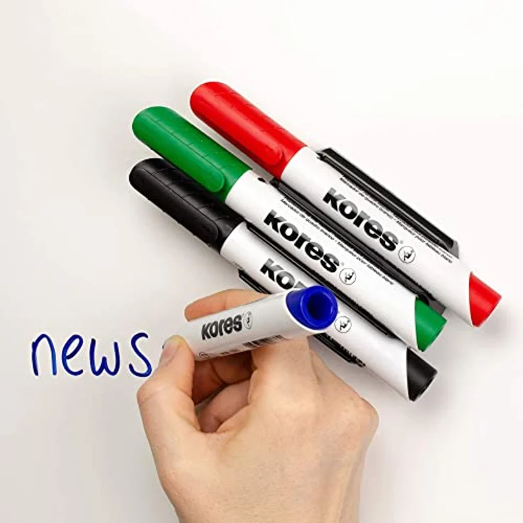 KORES Whiteboard Marker M20843, 3mm Rundspitze, 4er Set in schwarz, blau, rot, grün, schnell trocknend, rückstandslos und schattenfrei entfernbar – Bild 4