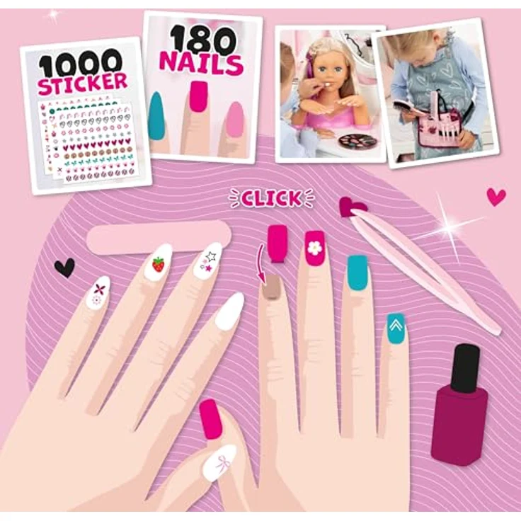 Bayer Frisier- & Schminkkopf Charlene Magic Nails, 27 cm mit 180 abnehmbaren Fingernägeln und 1000 Nagelstickern – Bild 6