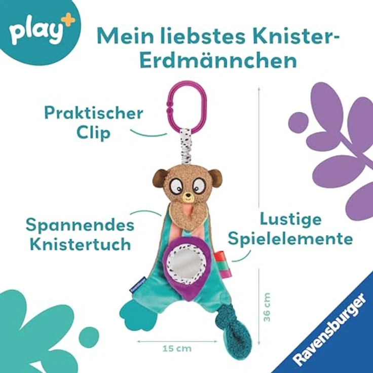 Ravensburger Greifspielzeug Play+ Knister-Erdmännchen, interaktives Spielzeug mit Knistern und Spiegel, 100% Silikon Beißhilfe – Bild 2