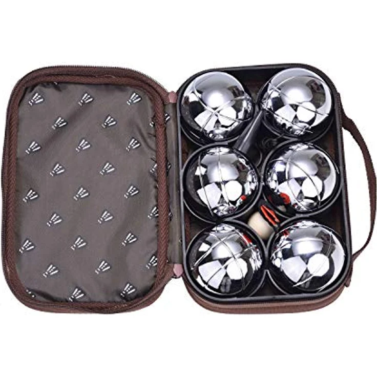 LAGUIOLE - Petanque Set Set besteht aus 6 Metall-Petanquekugeln, einem Wagenheber und einem Magnetkugelsammler. - Metall, Leinwand - Silber, braun – Bild 5