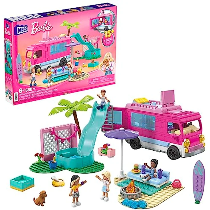 BARBIE Traumwohnmobil - Bauspielzeug mit Bett auf dem Dach, komplett ausgestatteter Küche und Zubehör für Kleidung und Essen, 4 kleinen Barbie-Puppen und 1 Hündchen, für Kinder ab 6 Jahren, HPN80 – Bild 1