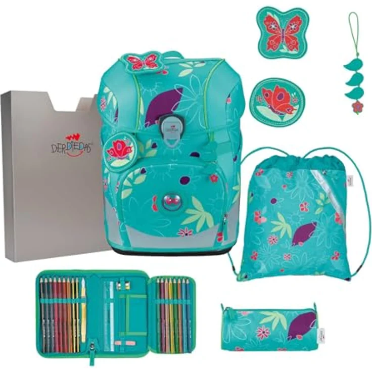 DerDieDas Schulranzen ErgoFlex Tiny Set 6-teilig, ergonomisches Design, 21 Liter Volumen, türkis Butterfly Garden – Bild 1