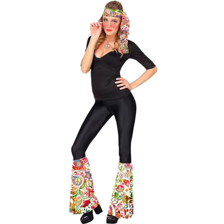 W WIDMANN MILANO Party Fashion - Hippie Set 60er / 70er Jahre, Stirnband und Stulpen, Weiß mit Peace Zeichen, Blumen und Schriftzügen