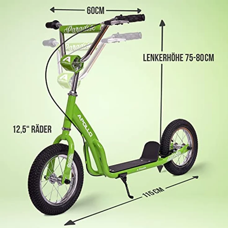 Apollo Retro Scooter Paradise | Roller mit Luftreifen 12,5 Zoll | Cityroller Kinder mit breiter Trittfläche | Kinderroller mit großen Rädern - Grün – Bild 2