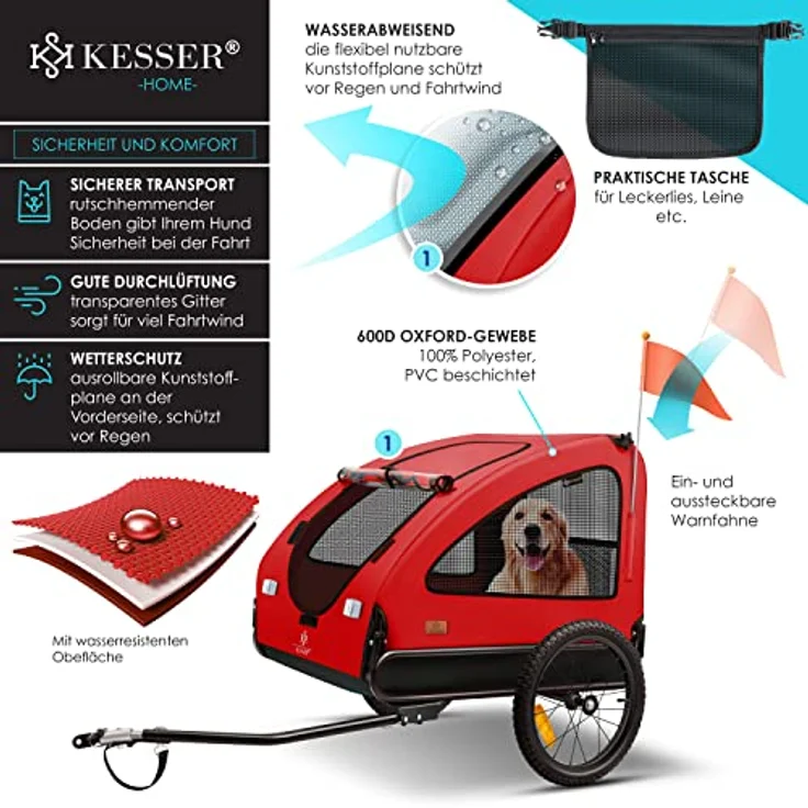 KESSER® Hundeanhänger Boxer 2-in-1 Hundebuggy Fahrradanhänger groß ca. 250L Volumen - Inkl. Fahne und Tasche - 600D Oxford Canvas, Klappbar SmartSpace Concept, maximale Belastbarkeit: 45kg Rot / Schwarz - Preisvergleich – Bild 4