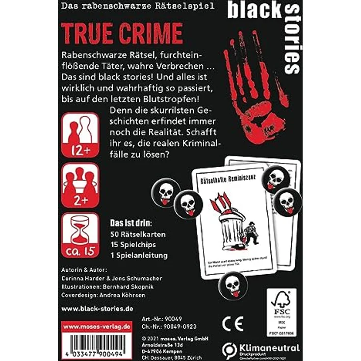 moses 90049 Black Stories True Crime-50 Rätsel Kartenspiel mit Spielvariante und Punktechips, White - Rätselspiel für Jugendliche und Erwachsene – Bild 3