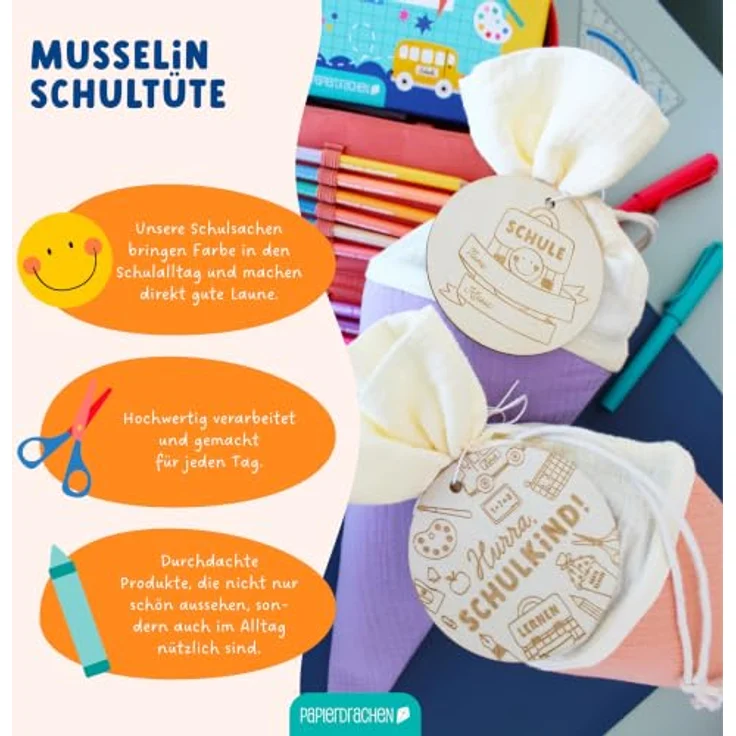 Papierdrachen 2 Schultüten Mini aus Musselin, lila & orange, personalisierbar mit Holzanhängern, 47,5 x 18 cm - Geschwistertüte zur Einschulung – Bild 4