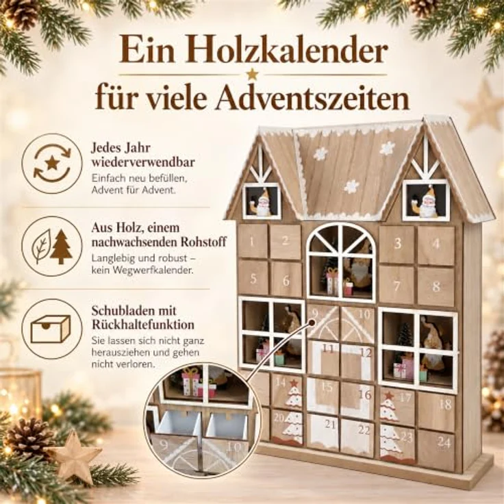 INtrenDU Adventskalender aus Holz, LED-Haus mit 24 Schubladen, Naturholz mit weißen und roten Verzierungen, 37 cm – Bild 3